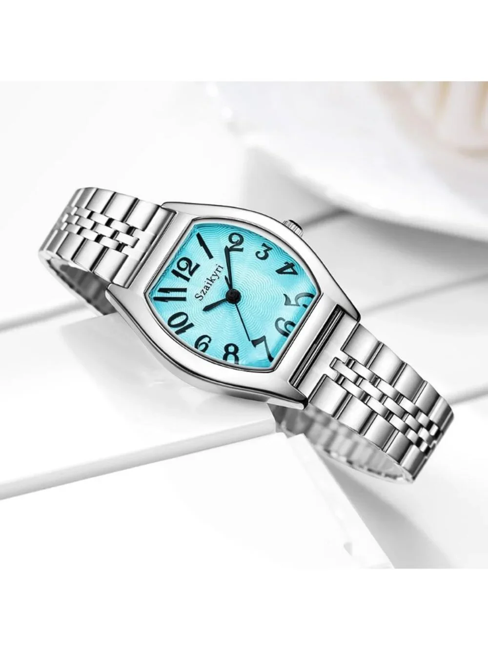 Women's Blue-Silver Barrel-Shaped Easy Read Arabic Numerals Dress Wrist Watch
